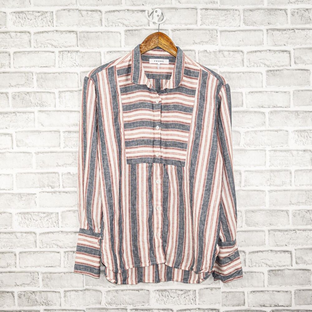 FRAME Natural White Multi Stripe Linen Bib Shirt Blouse Women's Small